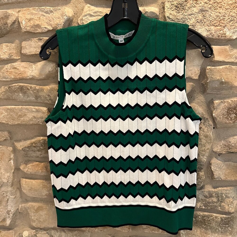 Veronica beard green and white striped chevron knit vest